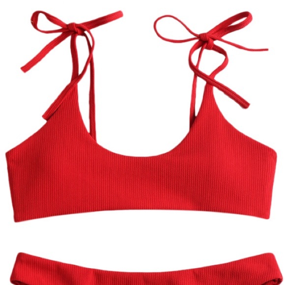 Zaful Medium Shoulder Tie Ribbed Stretch bright red bikini top - Picture 2 of 8